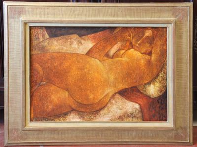 painting of a nude woman laying down on a bed in a wooden frame