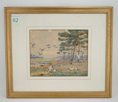 an image of a picture of a painting of birds flying over a field