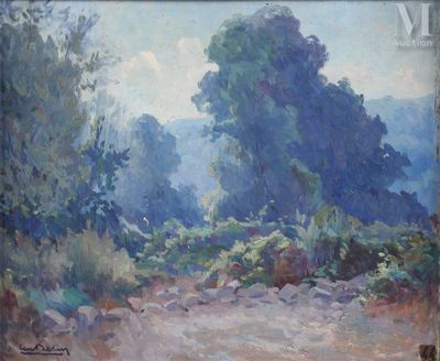 l'image d'une peinture représentant un chemin de terre avec des arbres en arrière-plan