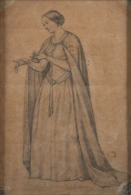un vieux dessin représentant une femme en robe longue tenant une fleur