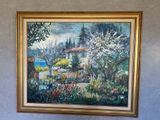 tableau à l'huile encadré représentant une scène de jardin avec une maison en arrière-plan