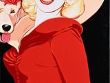 tableau représentant une femme en robe rouge tenant un caniche blanc