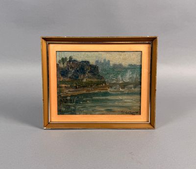 un tableau représentant un paysage fluvial avec un château au loin