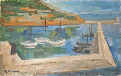 une peinture représentant des bateaux sur l'eau près d'un quai