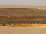 an antique silver plate with a gold rim on a brown surface