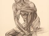 dessin représentant un homme assis par terre avec un couteau