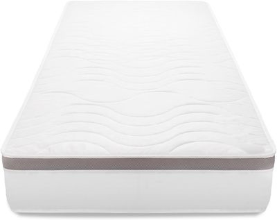 a close up of a mattress with a white cover on it