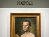 un tableau représentant un homme tenant un livre devant un mur