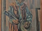 tableau représentant un homme avec un banjo, dans un cadre en bois