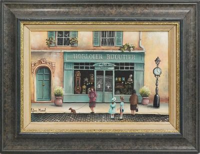 peinture représentant une peinture d'une devanture de magasin avec des personnes et un chien devant
