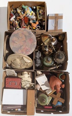 a box full of assorted items sitting on a table