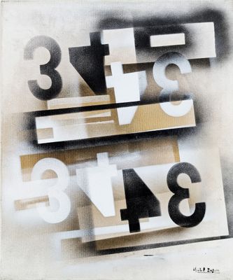 une peinture en noir et blanc représentant des chiffres sur un mur