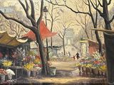 un tableau représentant une scène de rue avec beaucoup de fleurs