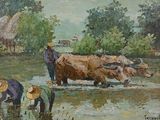 a painting of a group of people working in the water