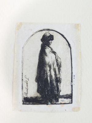 a black and white drawing of a woman standing in front of a window
