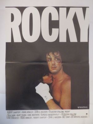 affiche représentant Rocky sur fond blanc, avec la photo en noir et blanc d'un homme