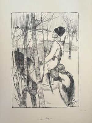 drawing of a woman riding a horse in a wooded area