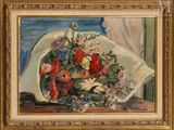 painting of a vase of flowers on a table with a curtain in the background