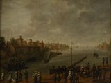 painting of a group of people standing on a beach next to a body of water