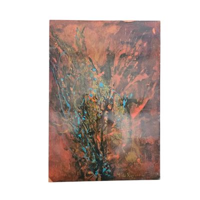 peinture abstraite représentant un arbre dans un champ, avec le ciel en arrière-plan