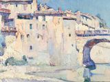 an image of a painting of a bridge over a body of water
