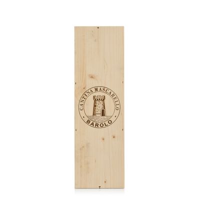La boîte en bois contient une bouteille de vin et un tire-bouchon.