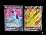 two pokemon cards are shown side by side on a black background