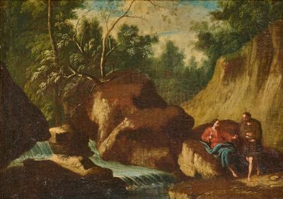 tableau représentant un homme et une femme assis sur un rocher au bord d'un ruisseau