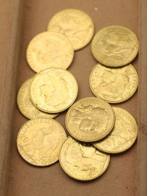 beaucoup de pièces d'or dans une boîte posée sur la table