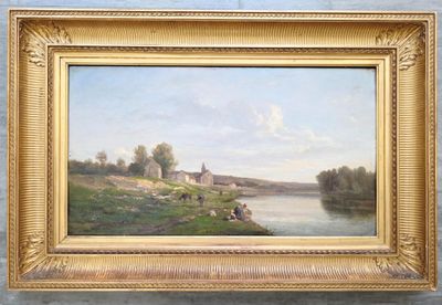 peinture d'un paysage avec une rivière et un château au loin