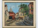 an oil painting of a street scene with buildings and a horse drawn carriage