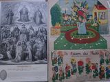 two pages from a book with pictures of people in a garden and a picture of a woman in a blue dress