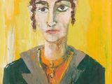 an oil painting of a woman with green eyes and a yellow background