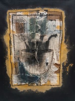 painting of a black and yellow frame with a picture of an elephant