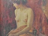 tableau représentant une femme assise sur une chaise, une couronne de fleurs sur la tête