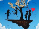 un tableau représentant un groupe de personnes volant dans le ciel