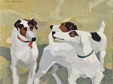 painting of two white and brown dogs standing next to each other
