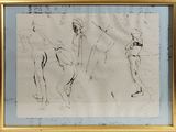 drawing of three people in a line, one holding a tennis racquet