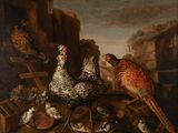 un tableau représentant un groupe d'oiseaux et de souris posés sur une table
