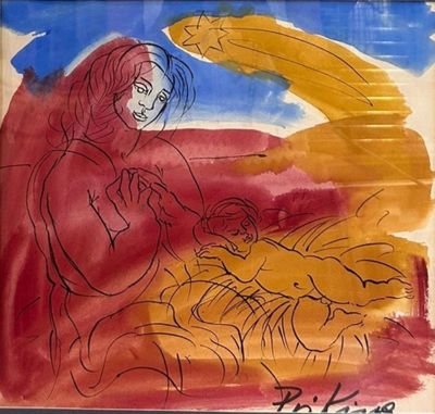 an image of a painting of a woman and a baby in a manger