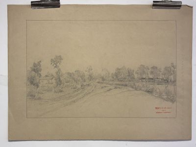 an image of a drawing of a road with trees in the background