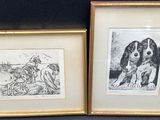deux reproductions encadrées représentant des chiens et un chat sur fond noir