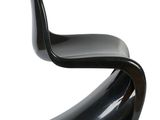 the chair is black and has a curved seat