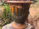 a brown vase sitting on top of a rock in the woods