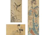 trois peintures asiatiques représentant des oiseaux et une femme en kimono