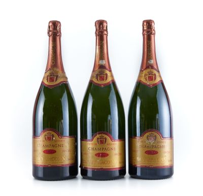 trois bouteilles de champagne posées sur une surface blanche