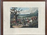 painting of a group of men riding horses and dogs in a wooded area