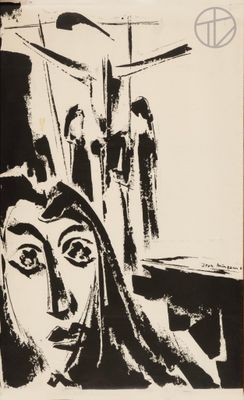 dessin en noir et blanc représentant le visage d'une femme devant un crucifix