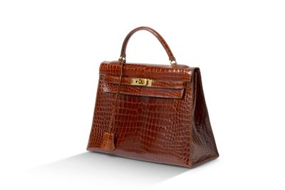 une image représentant un sac à main en cuir de crocodile marron sur fond blanc