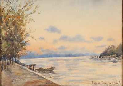 a painting of a boat on the water by the shore